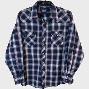 Wrangler Plaid Pearl-Snap Western Shirt Blue Men's XXL Button-Up Long-Sleeve